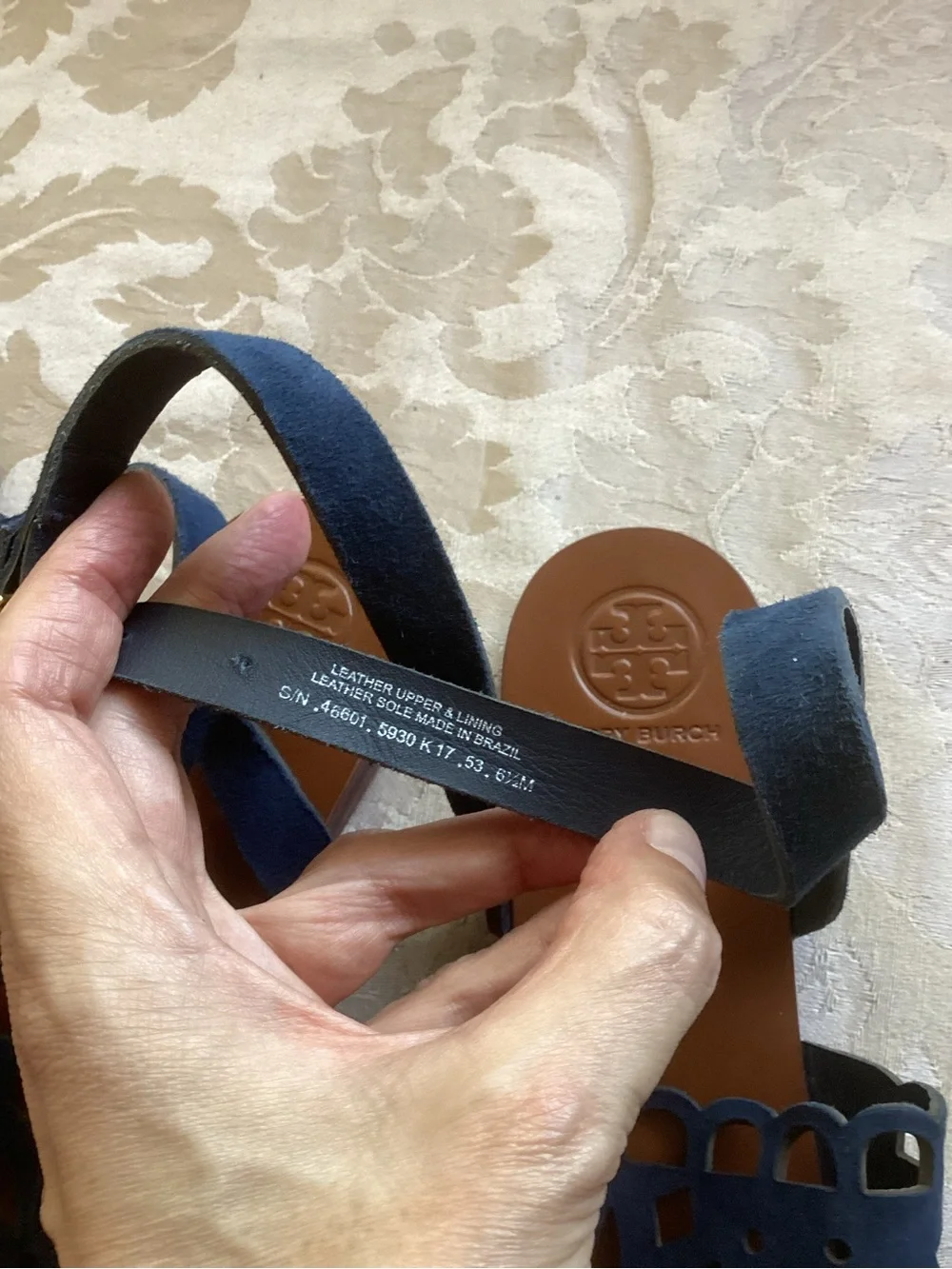Tory Burch May flat Lancaster suede navy ankle strap laser cut leaf sandals 6.5